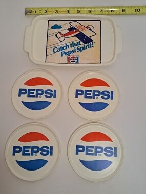 Vintage Pepsi "Fun Pak" Party Set includes 4 Cups, 4 Coasters, & 1 Serving Tray